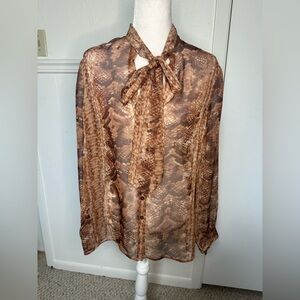 Chico's Reptile Dreams Brown Tie-Neck Blouse size 2 or L new with tag